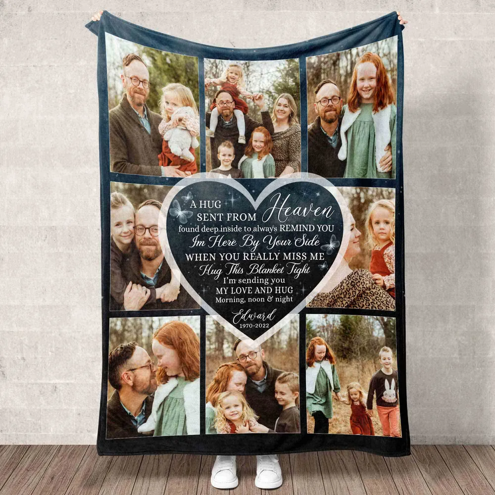 Personalized A Hug Sent From Heaven Dad Memorial Blanket With Pictures Photo Collage Sherpa Fleece Blanket FBL81 Cozy Plush Fleece Blanket white 30x40in