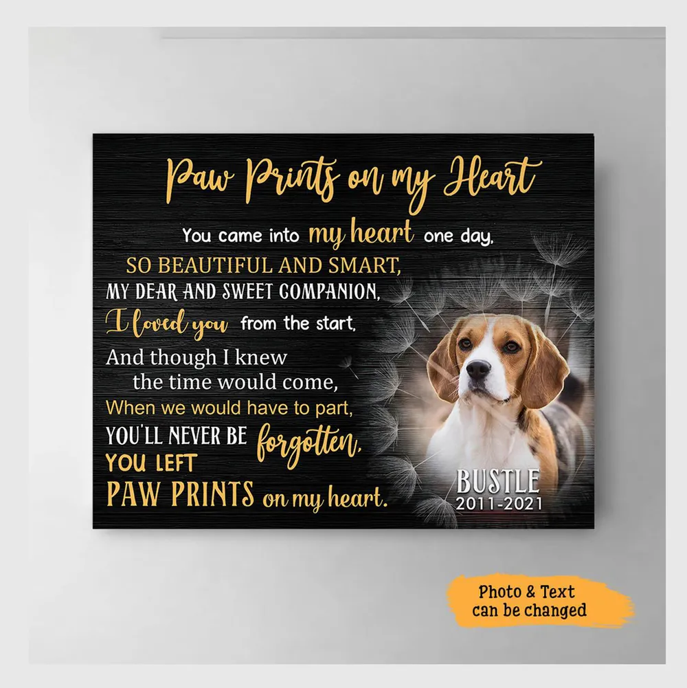 Personalized Custom Paw Prints On My Heart Dog Pet Memorial Canvas Art Poster DC77 Ready To Hang Landscape Canvas white 14x11in