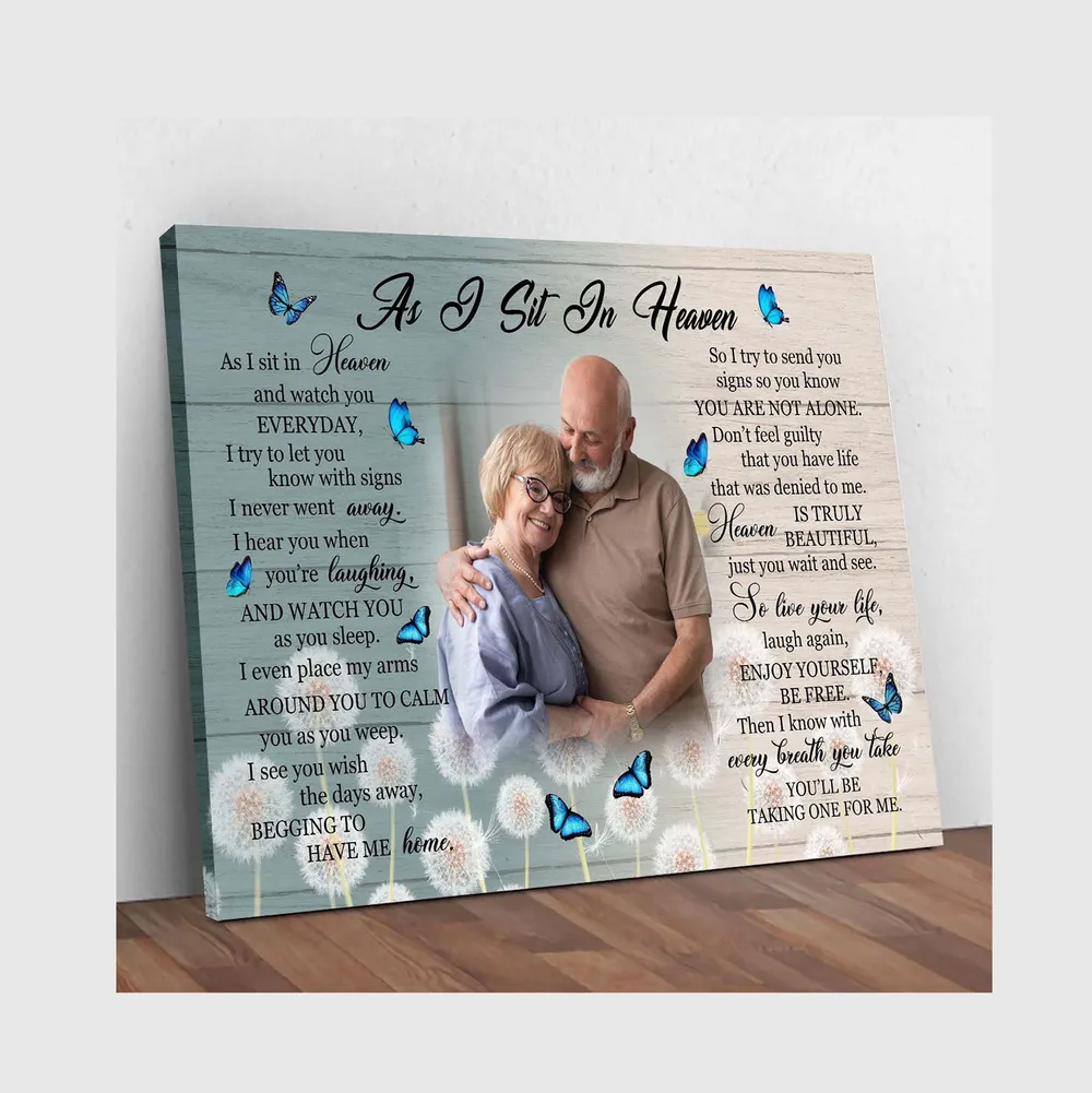 Personalized Custom As I Sit In Heaven Dad Mom Memorial Canvas Print Art Poster DC107 Ready To Hang Landscape Canvas white 14x11in