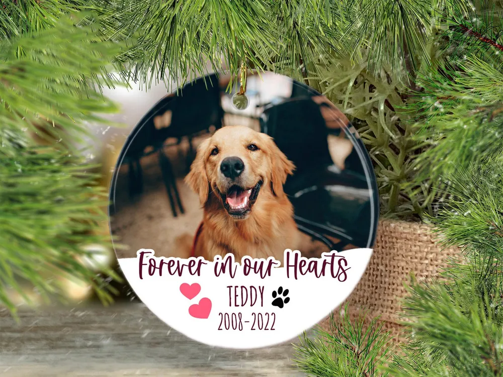 Personalized Custom Forever In Our Hearts Dog Memorial Christmas Ceramic Ornament ORN19 Porcelain Ornament - Circle white one-sided __single