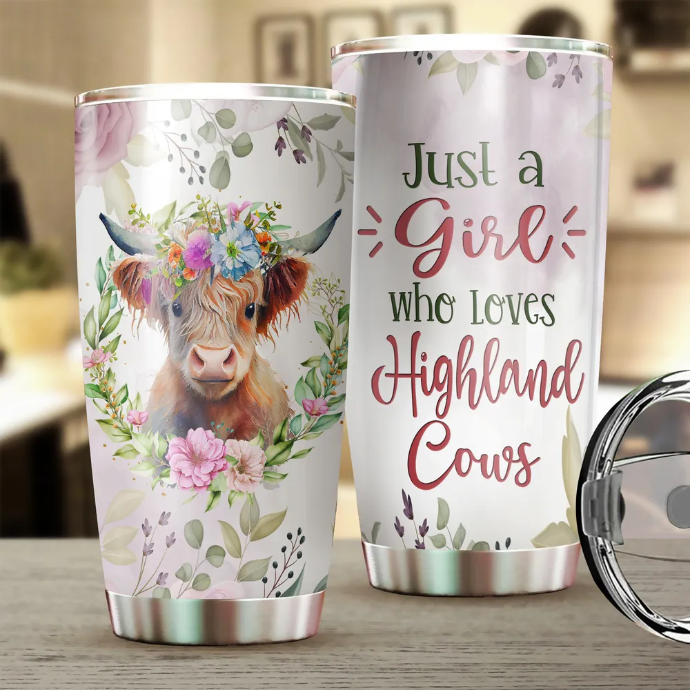 Just A Girl Who Loves Highland Cows Flower Full Printed Stainless Steel Tumbler (20oz) white 20oz