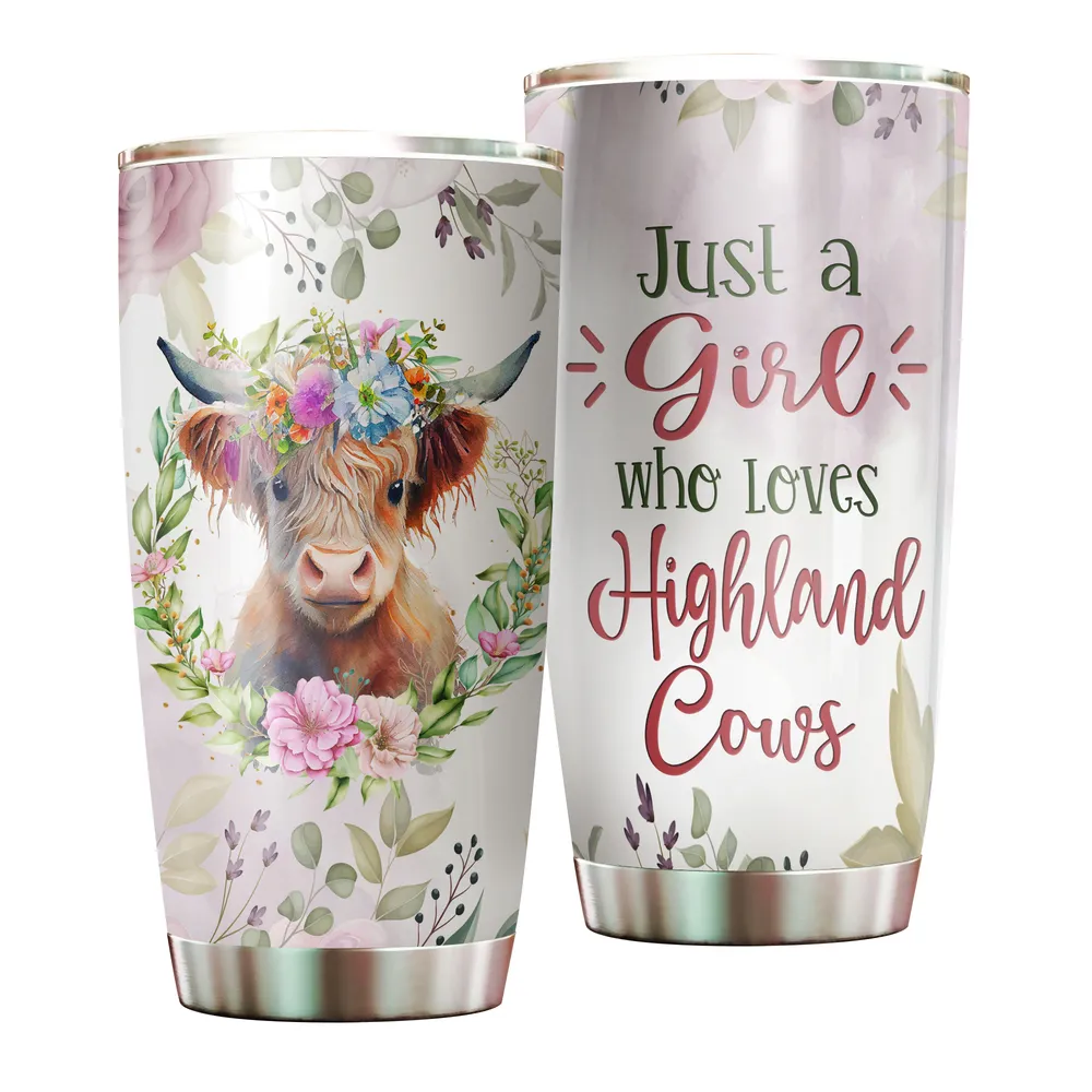 Just A Girl Who Loves Highland Cows Flower Full Printed Stainless Steel Tumbler (20oz) white 20oz