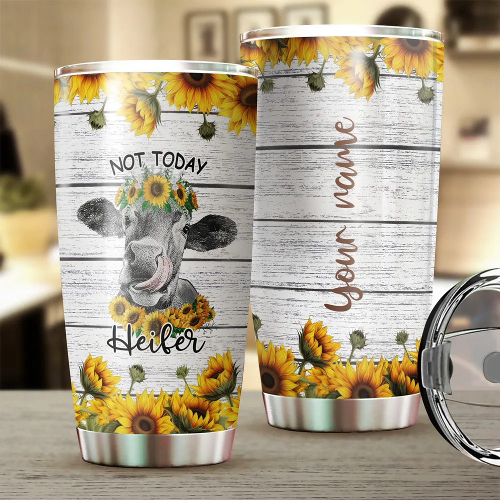 Personalized Name Cow Sunflower Full Printed Stainless Steel Tumbler (20oz) white 20oz
