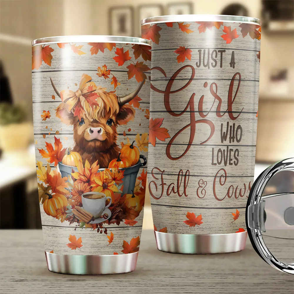 Just A Girl Who Loves  Fall And Cows Tumbler 20oz Full Printed Stainless Steel Tumbler (20oz) white 20oz