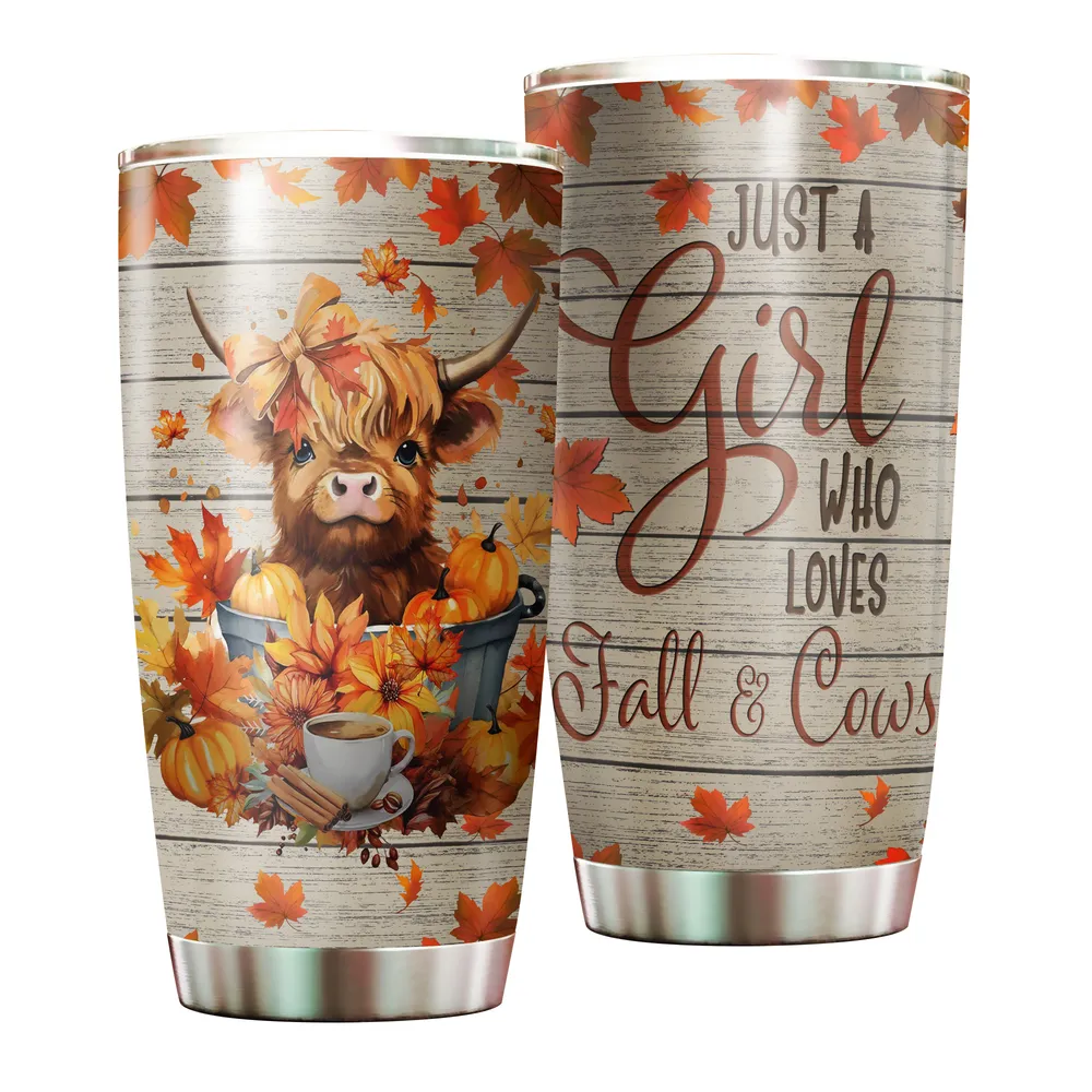 Just A Girl Who Loves  Fall And Cows Tumbler 20oz Full Printed Stainless Steel Tumbler (20oz) white 20oz