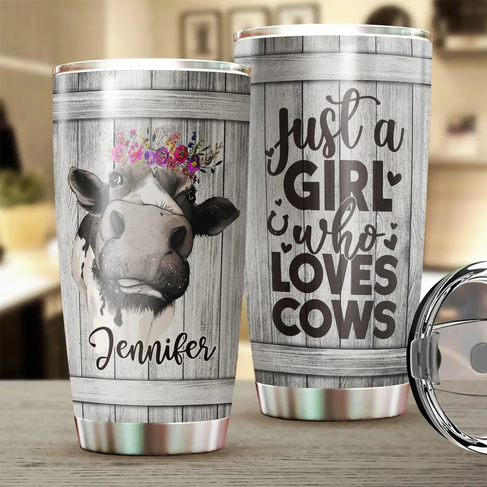 Personalized Just A Girl Who Loves Cows Flower Full Printed Stainless Steel Tumbler (20oz) white 20oz