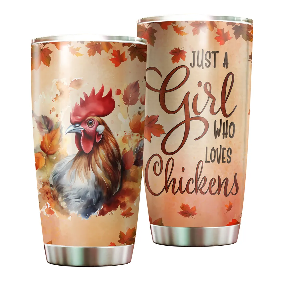 Just A Girl Who Loves Chickens Fall Tumbler Cup With Lid 20oz Full Printed Stainless Steel Tumbler (20oz) white 20oz