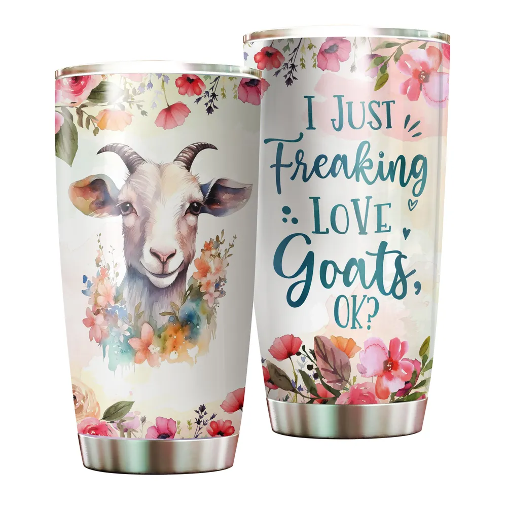 I Just Freaking Love Goats OK Funny Flower Goat Full Printed Stainless Steel Tumbler (20oz) white 20oz