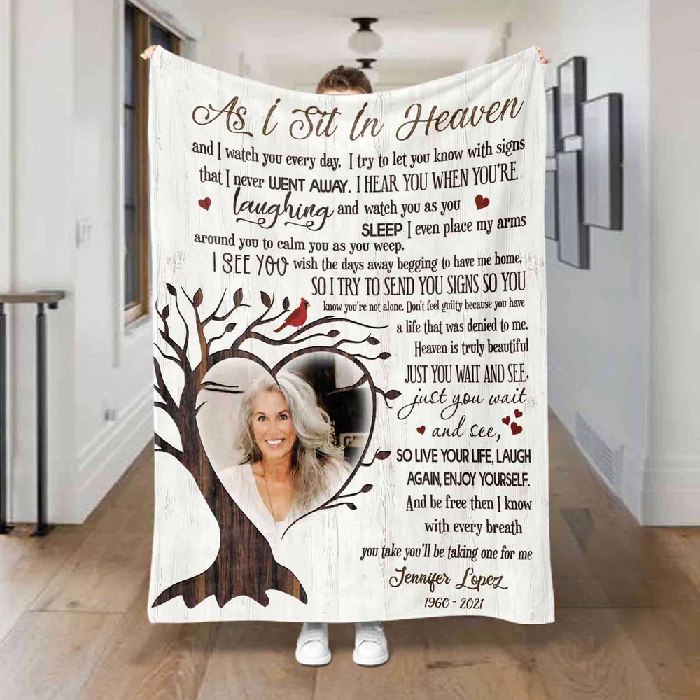 Personalized Photo In Loving Memory Memorial As I Sit In Heaven Sherpa Fleece Blanket FBL126 Cozy Plush Fleece Blanket white 30x40in