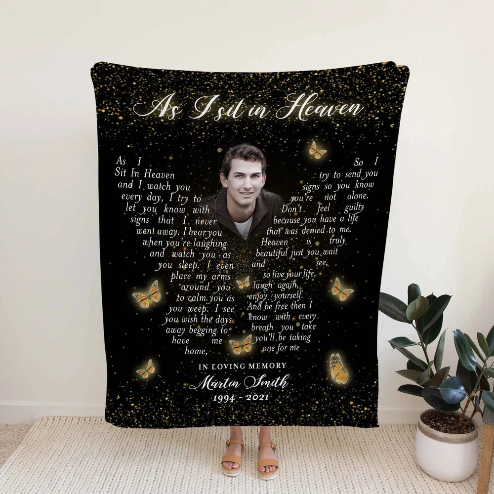 Personalized Son Memory Memorial As I Sit In Heaven Sherpa Fleece Blanket FBL125 Cozy Plush Fleece Blanket white 30x40in
