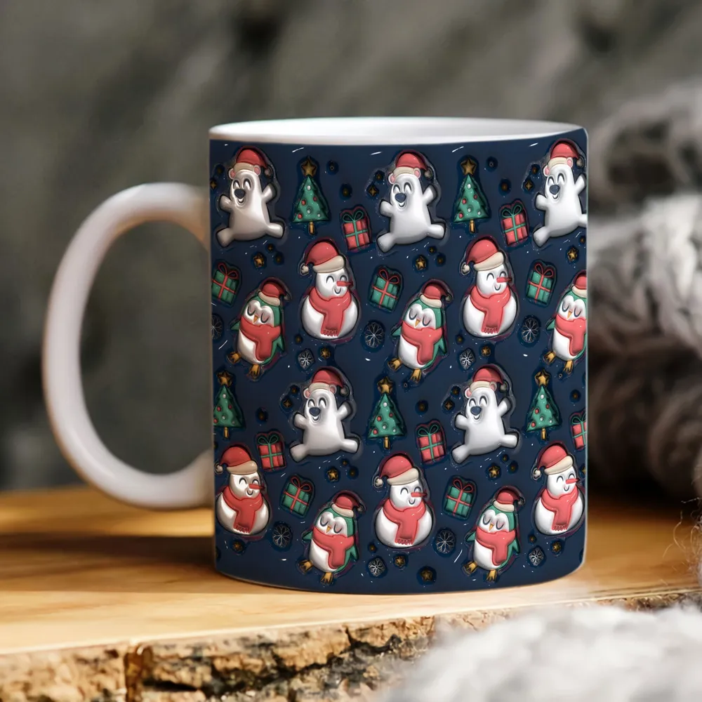 3D Inflated christmas snowman and polar bears pattern mug