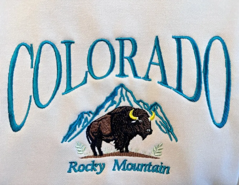 Colorado Mountain Embroidered Sweatshirt | Colorado Bison Embroidered Hoodie | Embroidered Colorado Sweatshirt | Crew Neck Sweatshirt