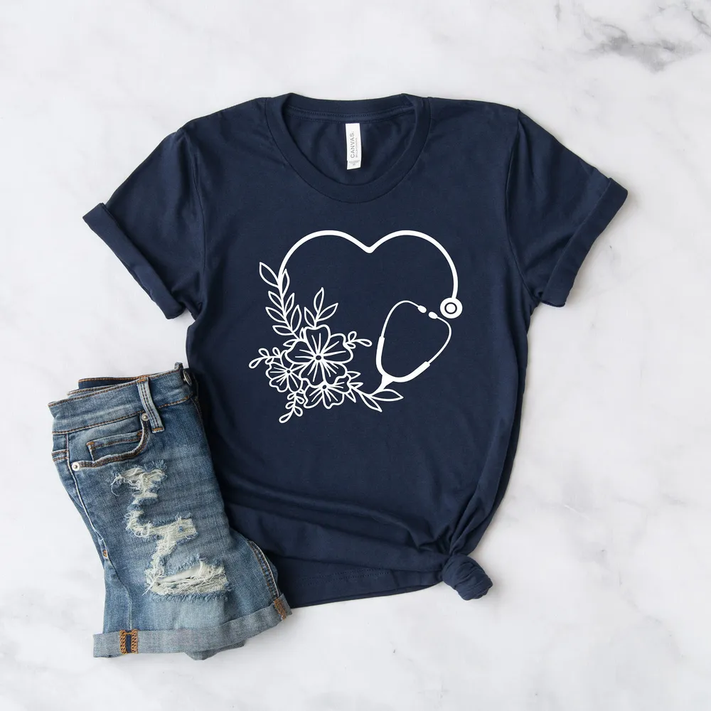 Cute Nurse T-Shirt, Floral Stethoscope T Shirt, Nursing School Gift, Healthcare Gift, Medicine Shirt, Doctor T shirt, Medical Assistant Tees