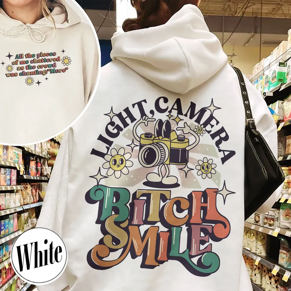 Lights Camera Smile Sweatshirt, Swiftie Merch, Ttp Lyrics Shirts, Unisex Concert, Gift For Friend, Ttdp Tshirt, Tortured Poets Tshirt Unisex Hoodie white s