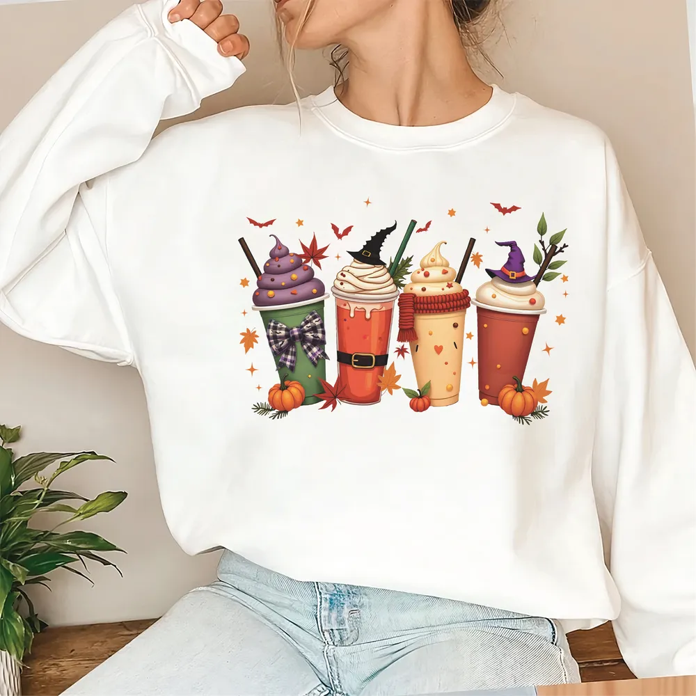 Spooky Milk Tea Latte Coffee Halloween Sweatshirt, Spooky Boba Shirt, Latte Shirt, Coffee Shirt, Witch Shirt, Halloween Gift For Boba Lover Unisex Sweatshirt white s