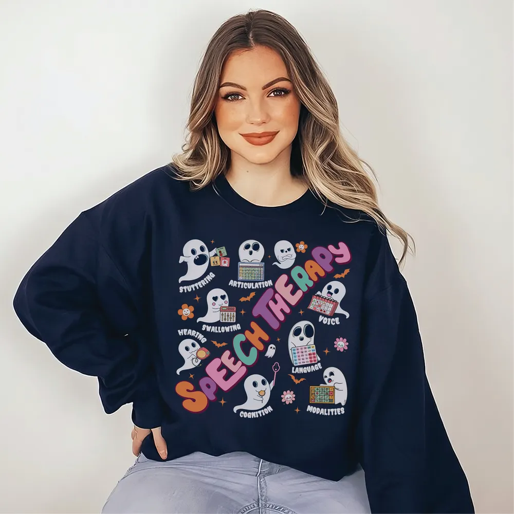 Speech Language Pathology Halloween Sweatshirt, Speech Language Therapy Shirt, SLP Shirt, Halloween Gift For SLP, Language Pathology Shirt Unisex Sweatshirt white s