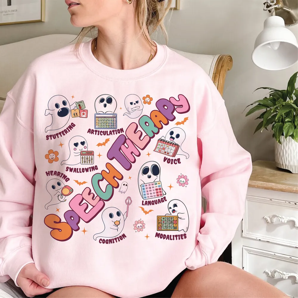 Speech Language Pathology Halloween Sweatshirt, Speech Language Therapy Shirt, SLP Shirt, Halloween Gift For SLP, Language Pathology Shirt Unisex Sweatshirt white s