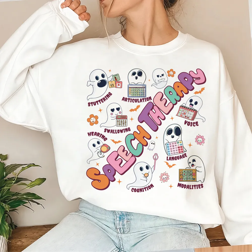Speech Language Pathology Halloween Sweatshirt, Speech Language Therapy Shirt, SLP Shirt, Halloween Gift For SLP, Language Pathology Shirt Unisex Sweatshirt white s