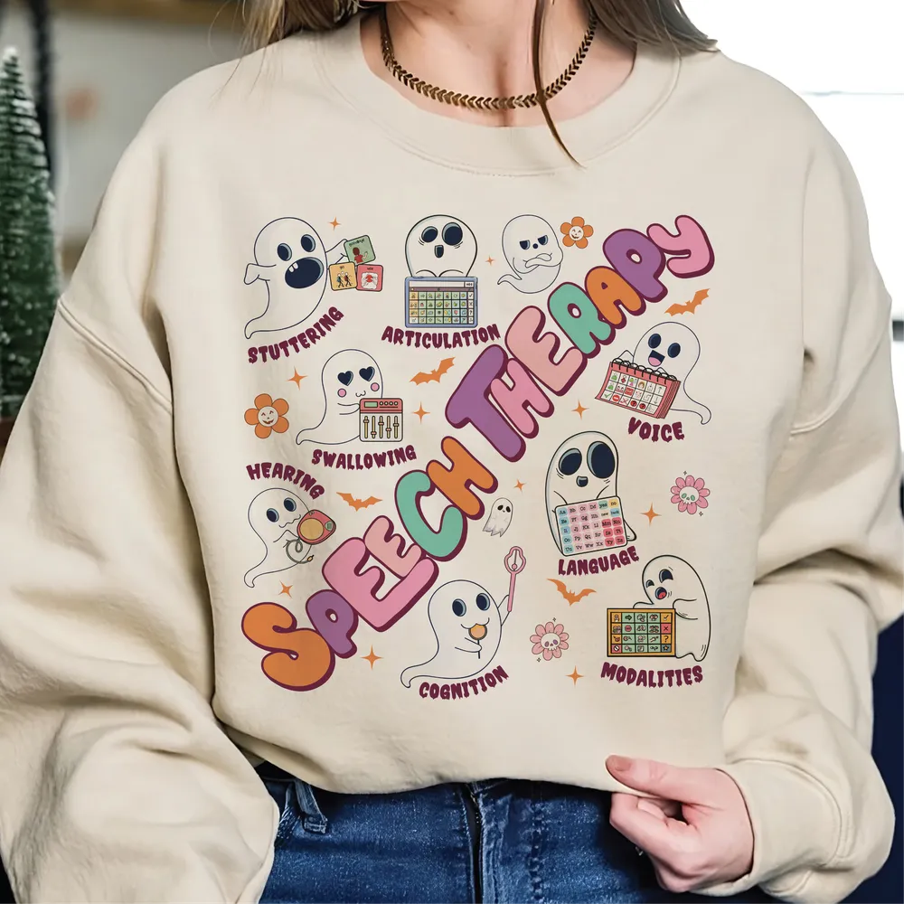 Speech Language Pathology Halloween Sweatshirt, Speech Language Therapy Shirt, SLP Shirt, Halloween Gift For SLP, Language Pathology Shirt Unisex Sweatshirt white s