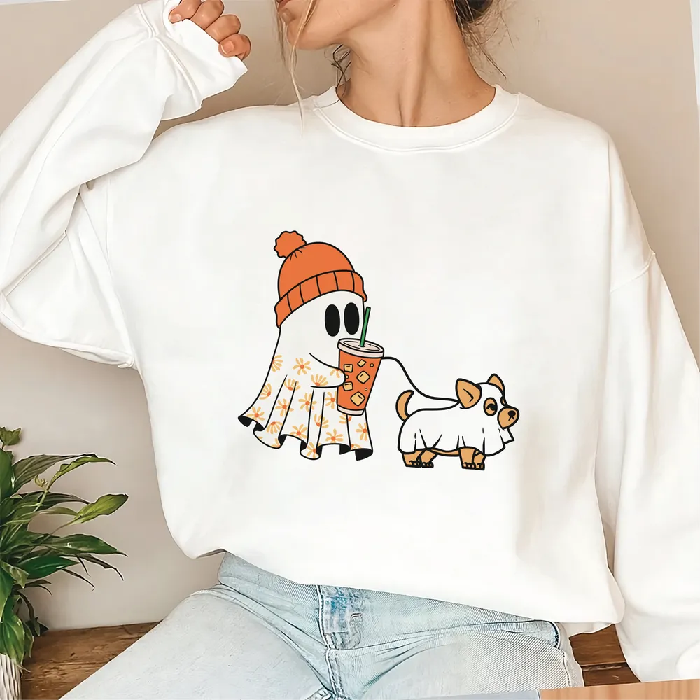 Сute Ghost Dog Shirt, Ghost Dog Gift, Dog Lovers Gift, Halloween Dog, Dog Halloween, Ghost Floral Dogs, Spooky Season, Pumpkin Dog Unisex Sweatshirt white s
