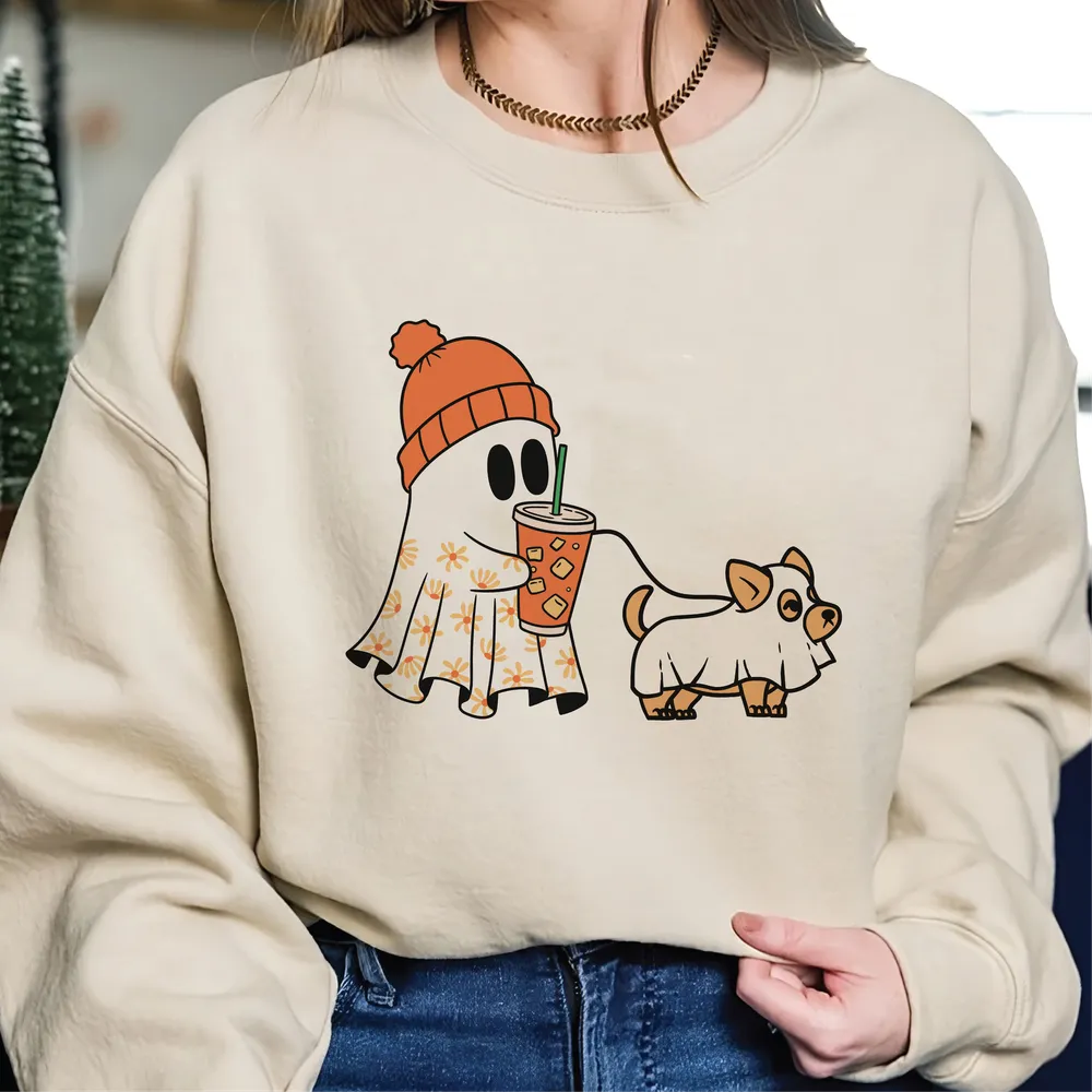 Сute Ghost Dog Shirt, Ghost Dog Gift, Dog Lovers Gift, Halloween Dog, Dog Halloween, Ghost Floral Dogs, Spooky Season, Pumpkin Dog Unisex Sweatshirt white s
