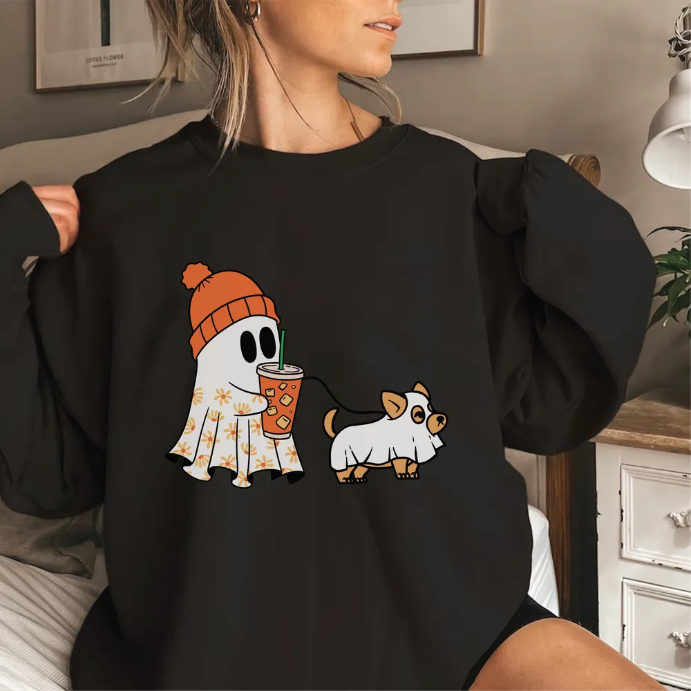 Сute Ghost Dog Shirt, Ghost Dog Gift, Dog Lovers Gift, Halloween Dog, Dog Halloween, Ghost Floral Dogs, Spooky Season, Pumpkin Dog Unisex Sweatshirt white s