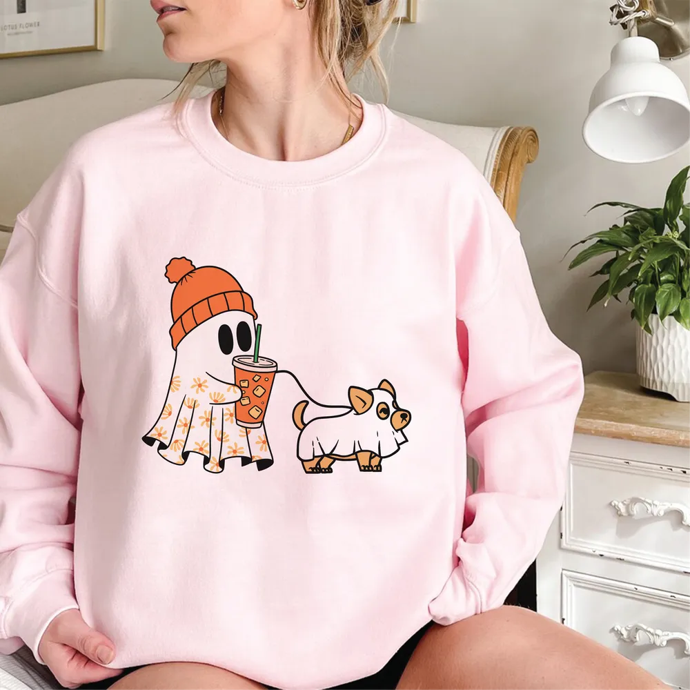 Сute Ghost Dog Shirt, Ghost Dog Gift, Dog Lovers Gift, Halloween Dog, Dog Halloween, Ghost Floral Dogs, Spooky Season, Pumpkin Dog Unisex Sweatshirt white s