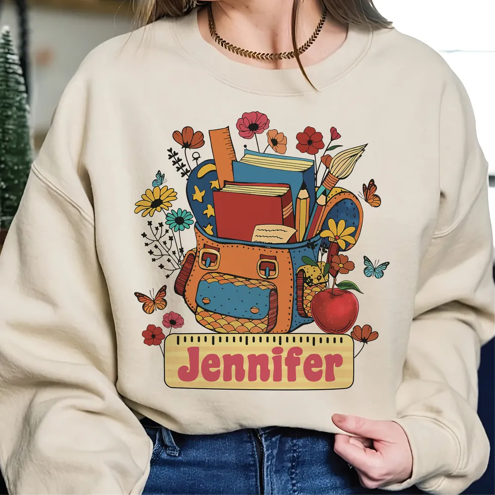 Custom Teacher Shirt, Teacher Team Shirts, Personalized School, Teacher Gift, Customized Name Teacher Shirt, Teacher Wildflower Shirt Unisex Sweatshirt white s