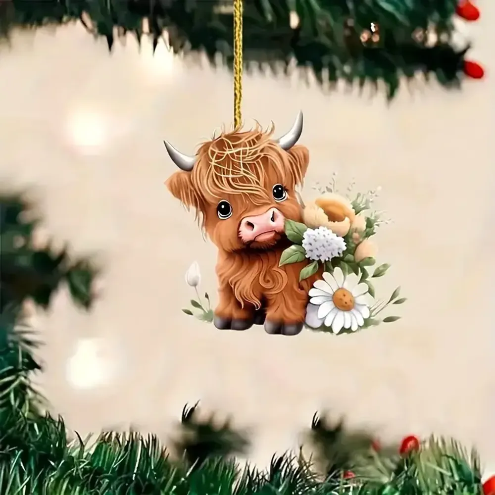 Baby Cute Cow With Flowers  Arcylic Ornament - Gift For Farm , Ornament Decor
