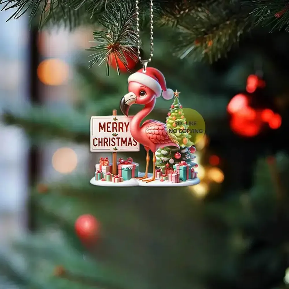 Merry Christmas Flamingo Arcylic Ornament - Gift For Christmas , Ornament Decor , Birthday Gift