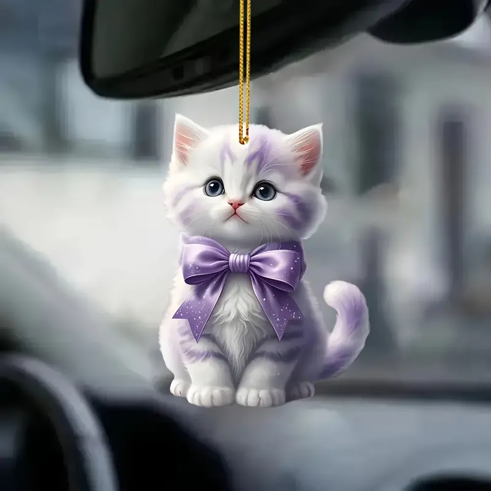 Whimsical Purple & White Cat Arcylic Ornament - Gift For Christmas , Ornament Decor