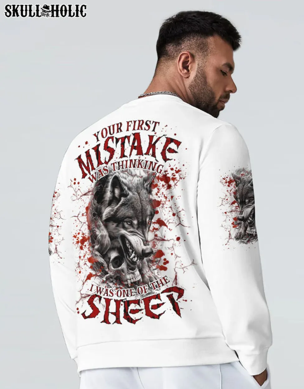 YOUR FIRST MISTAKE WOLF - All Over Print , Skull Drawing, Skull Art, Skull Tattoos AOP Unisex Standard Crewneck Sweatshirt 2 white s