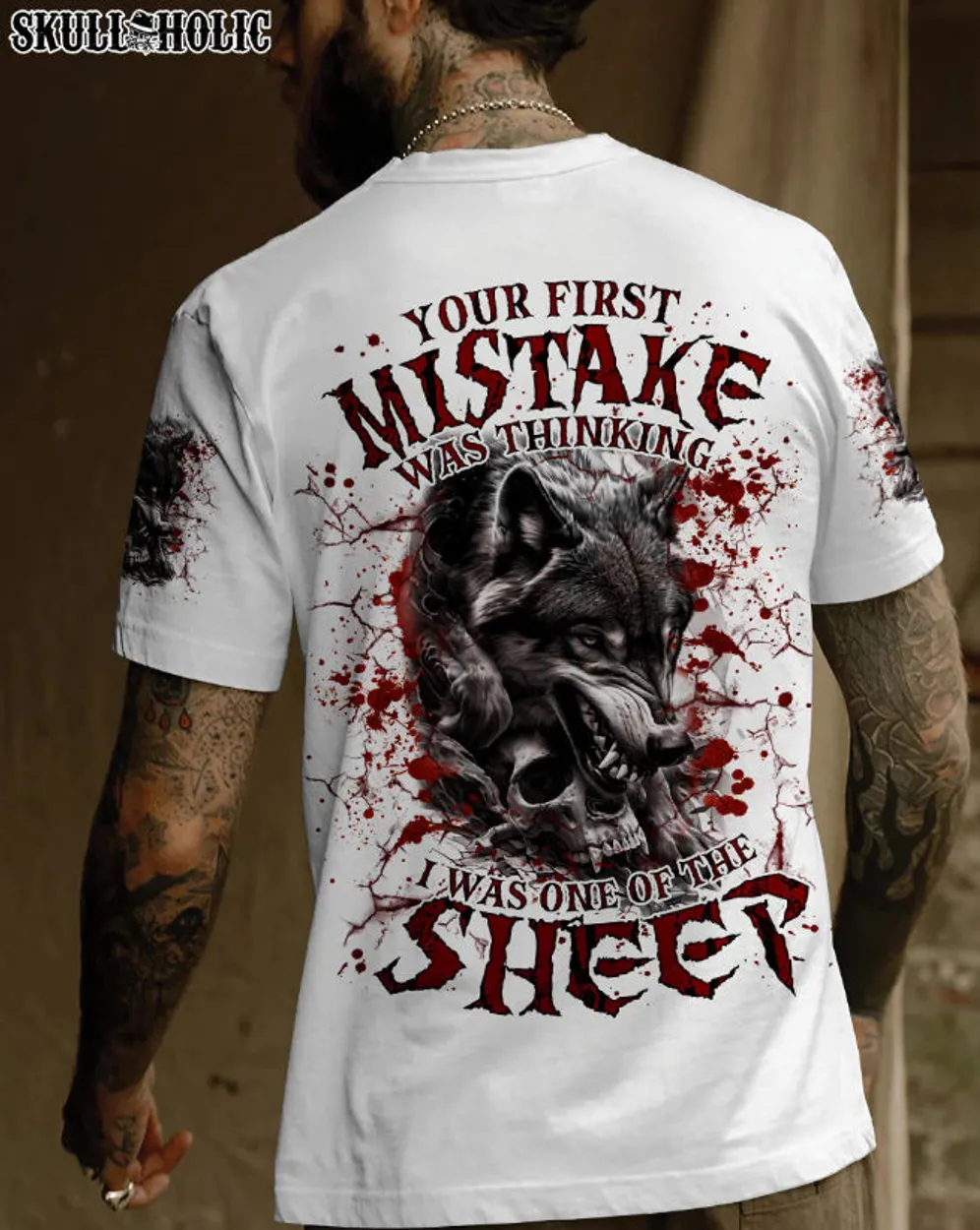 YOUR FIRST MISTAKE WOLF - All Over Print , Skull Drawing, Skull Art, Skull Tattoos AOP Unisex Standard T-shirt 2 white s