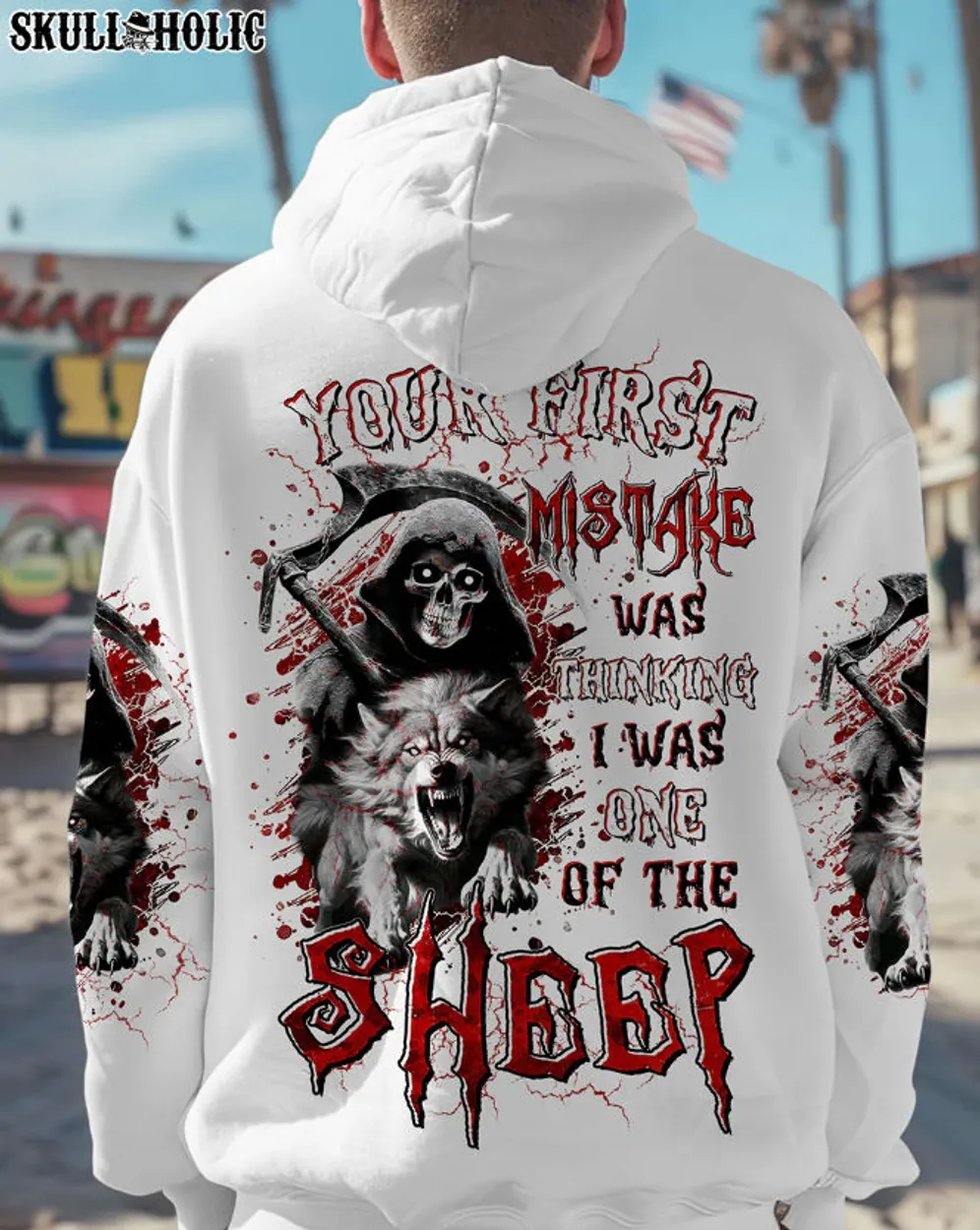 YOUR FIRST MISTAKE WOLF - All Over Print , Skull Drawing, Skull Art, Skull Tattoos AOP Unisex Standard Hoodie 2 white s