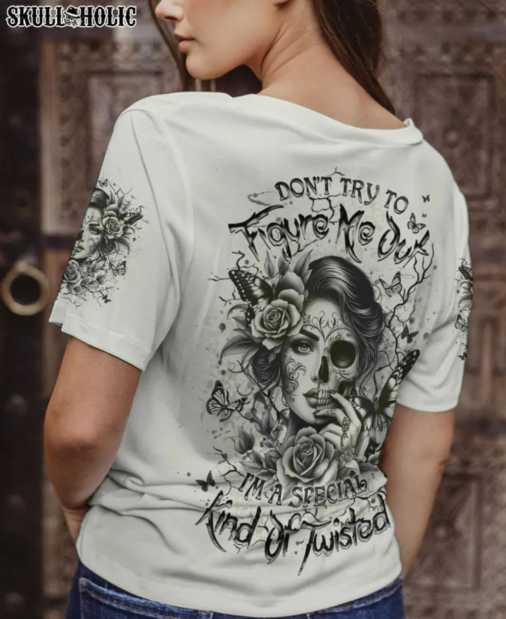 DON'T TRY TO FIGURE ME OUT SKULL LADY - All Over Print , Skull Drawing, Skull Art, Skull Tattoos AOP Unisex Standard T-shirt 2 white s