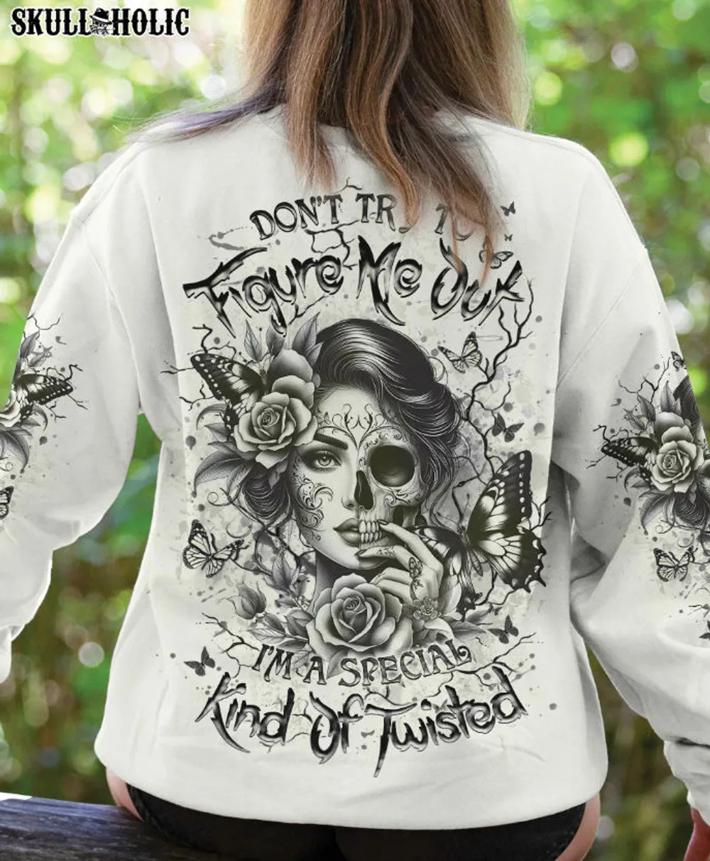 DON'T TRY TO FIGURE ME OUT SKULL LADY - All Over Print , Skull Drawing, Skull Art, Skull Tattoos AOP Unisex Standard Crewneck Sweatshirt 2 white s