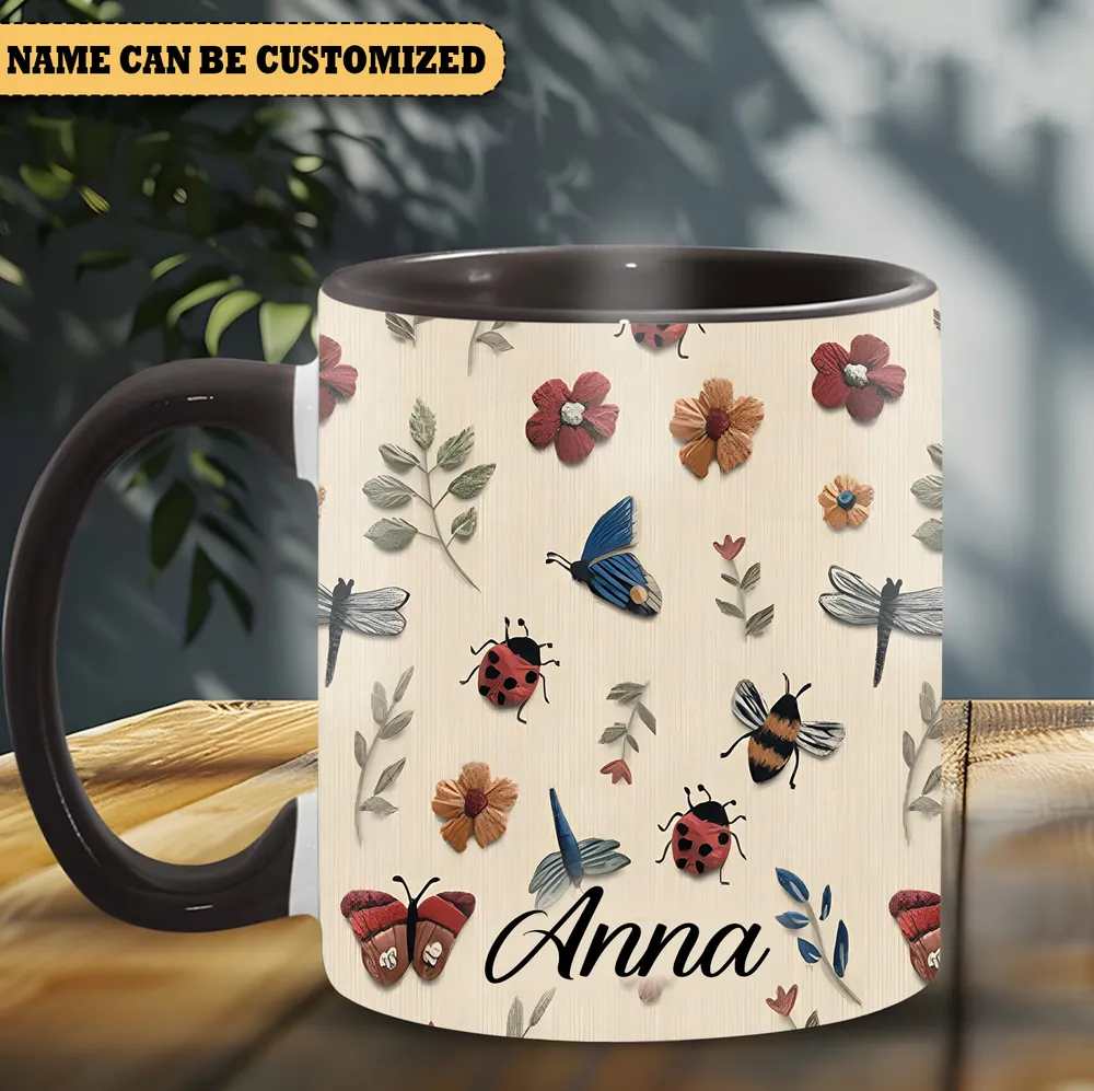 Personalized Beautiful Floral, Bee And Butterfly Accent Mug