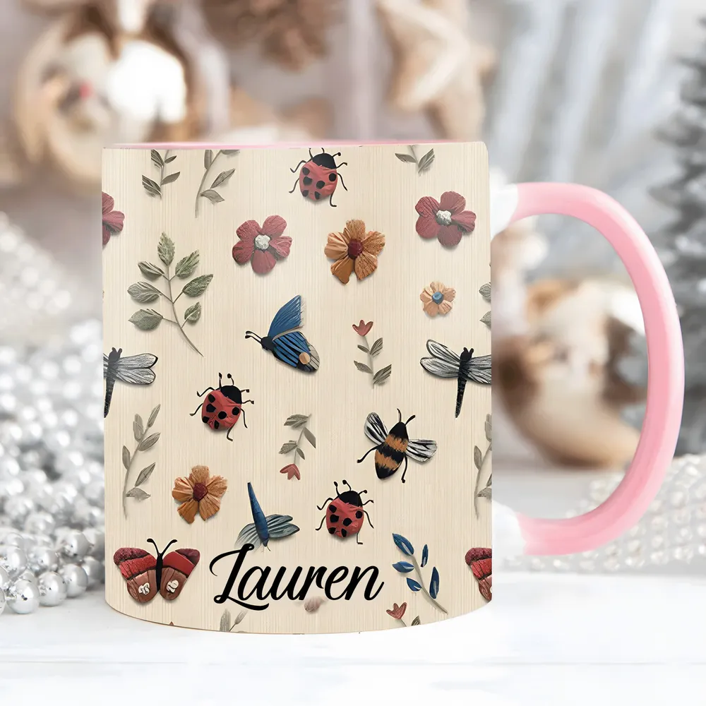Personalized Beautiful Floral, Bee And Butterfly Accent Mug