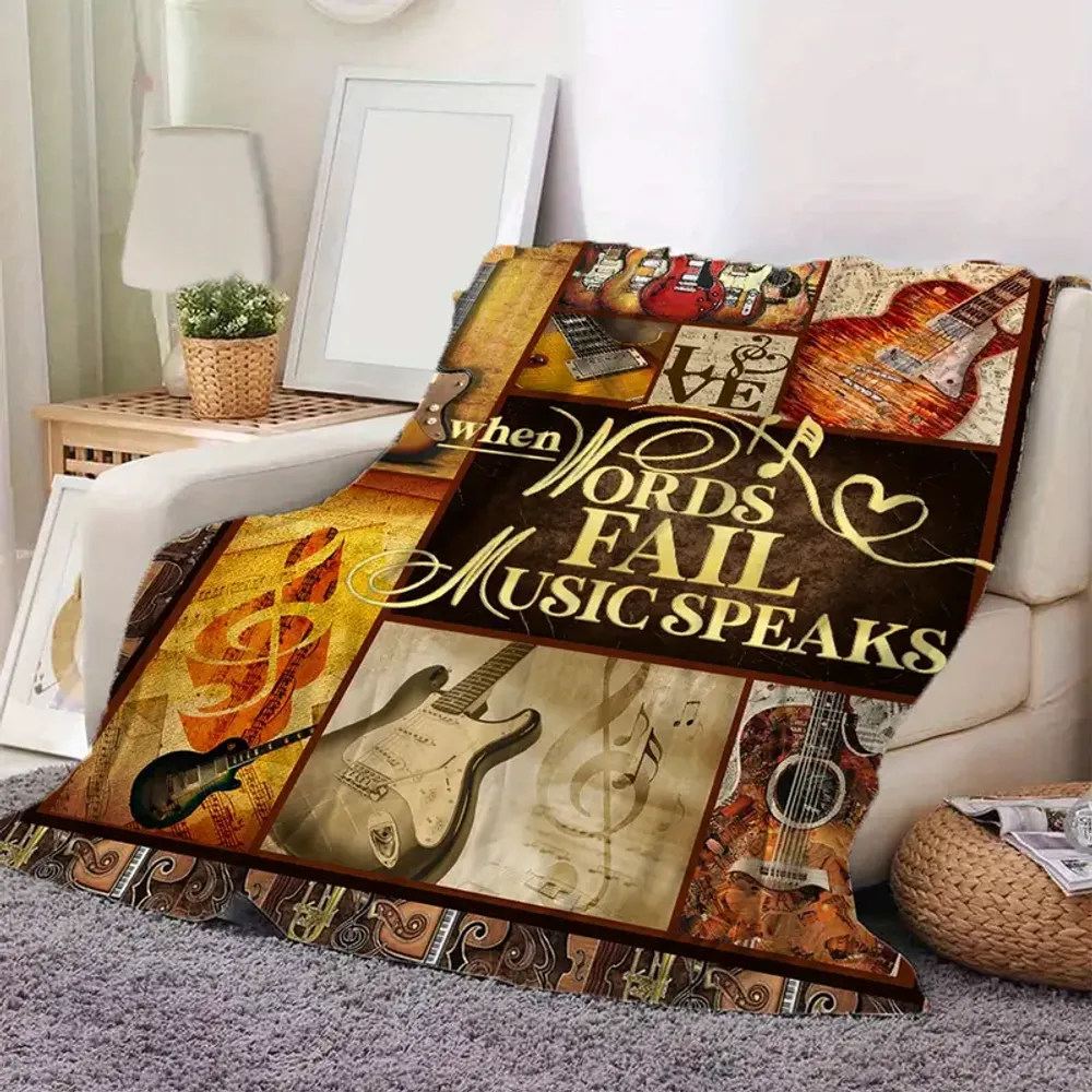 Guitar & Slogan Print Blanket
