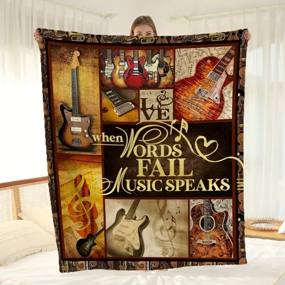 Guitar & Slogan Print Blanket