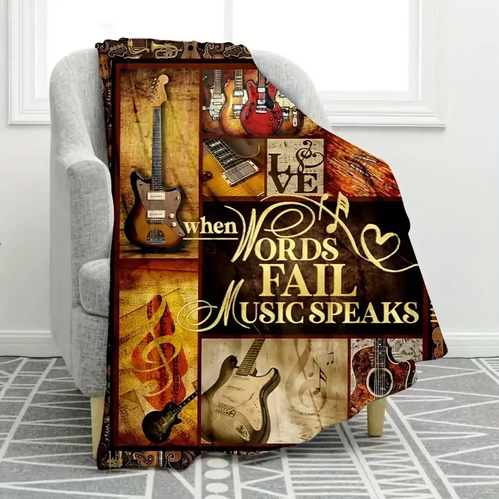 Guitar & Slogan Print Blanket
