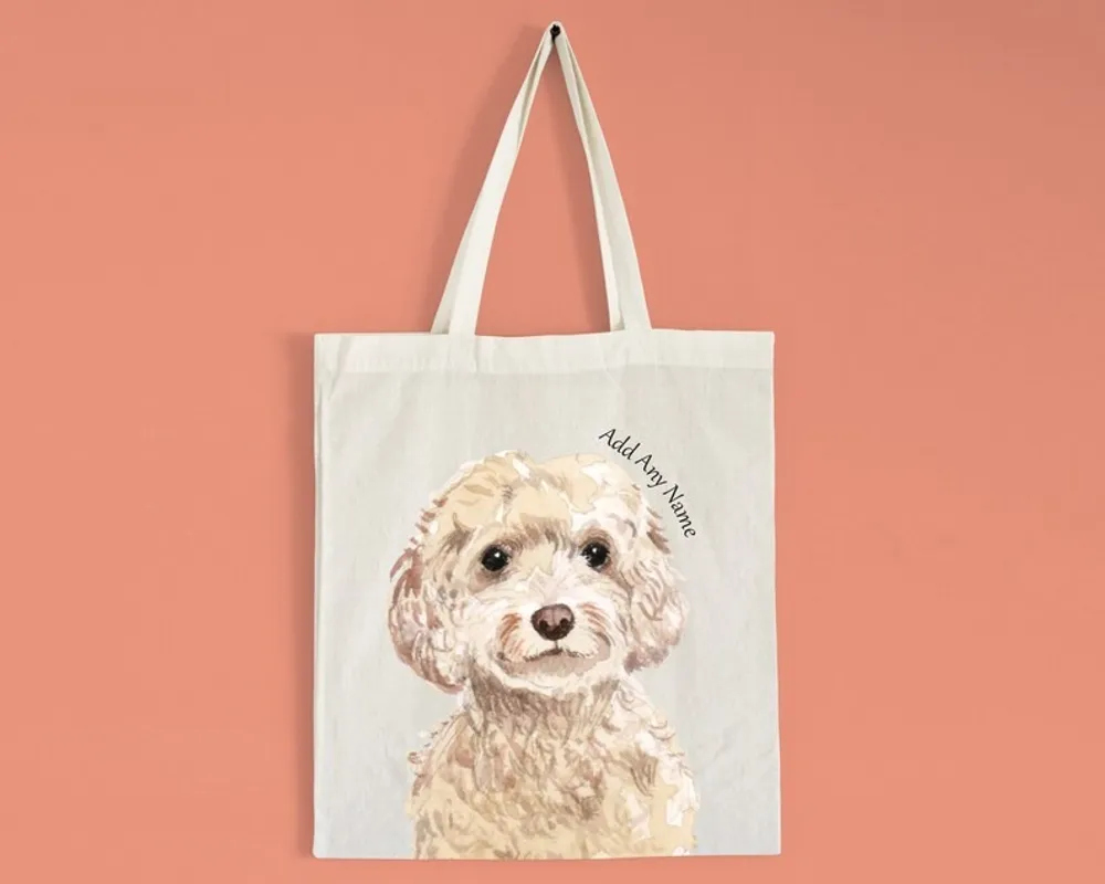 Personalised Champagne Cockapoo Dog Portrait Illustration Natural Cotton Tote Bag