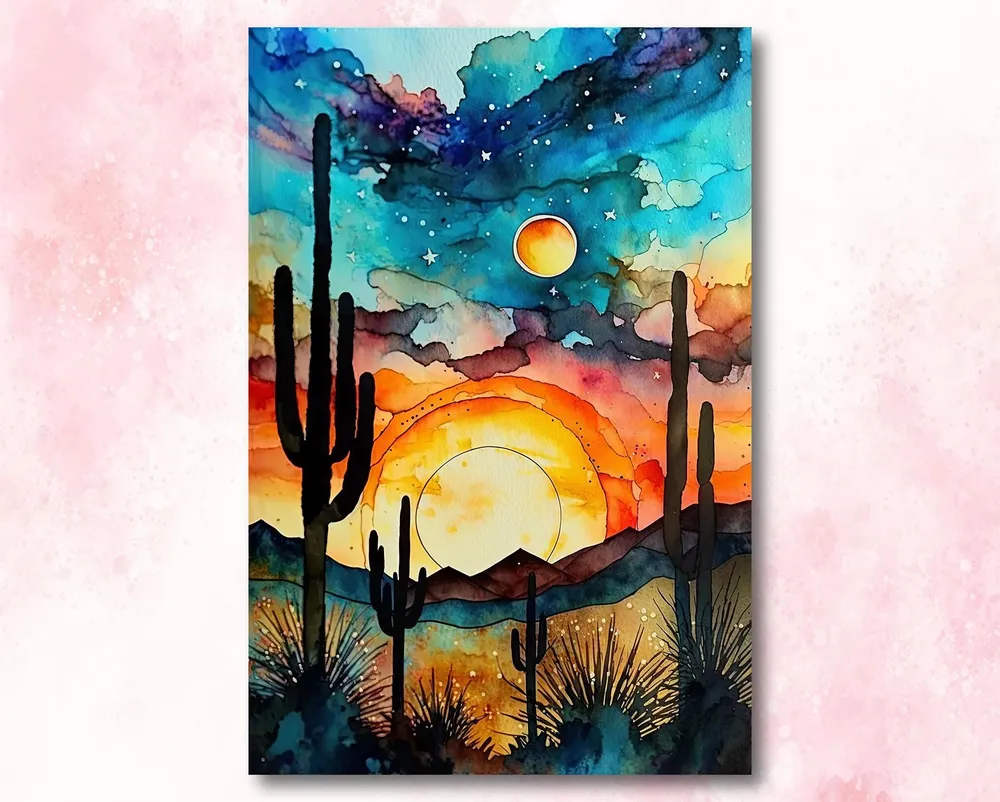 Southwest Watercolor Sunset Desert Cactus Landscape Art Boho Home Decor Canvas