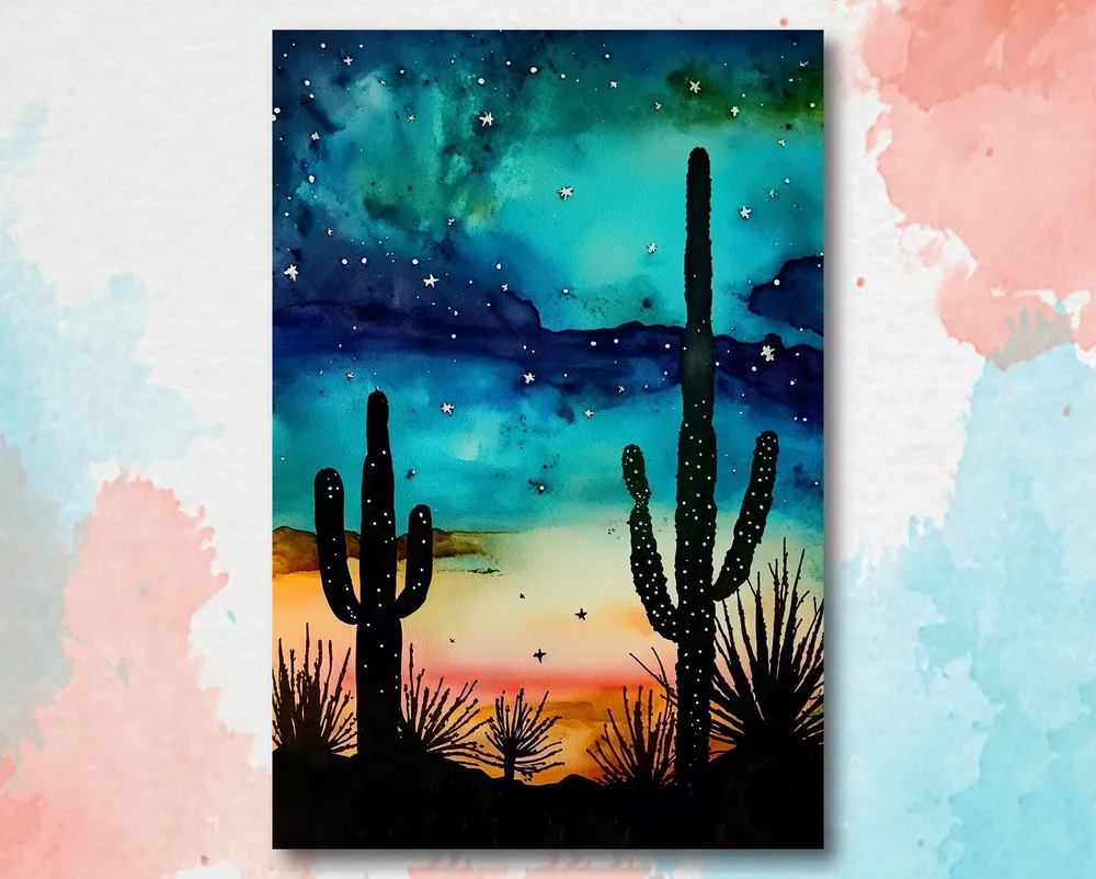Southwest Sunset Cactus Art Watercolor Desert Landscape Boho Western Decor Canvas