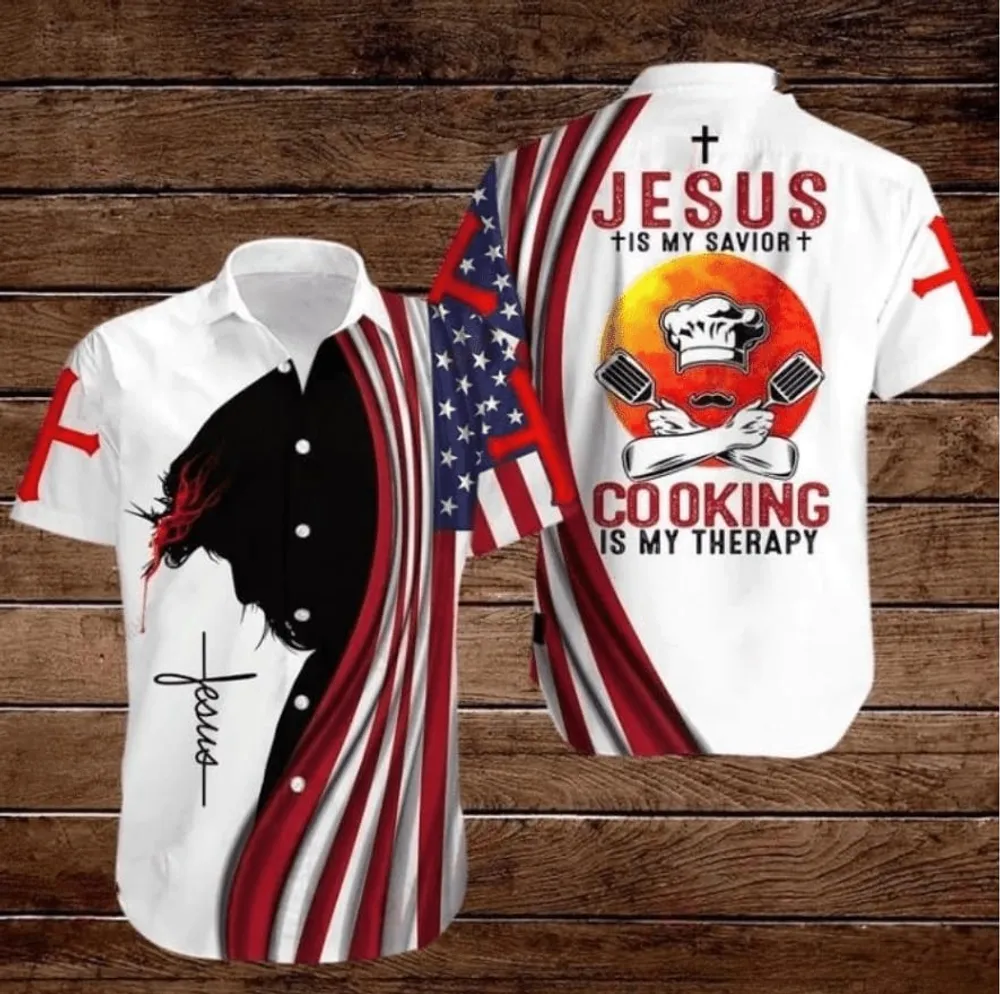 American Flags Cross Jesus Is My Savior Cooking Is My Therapy Hawaiian Shirt - Christian Hawaiian Shirts For Men & Women