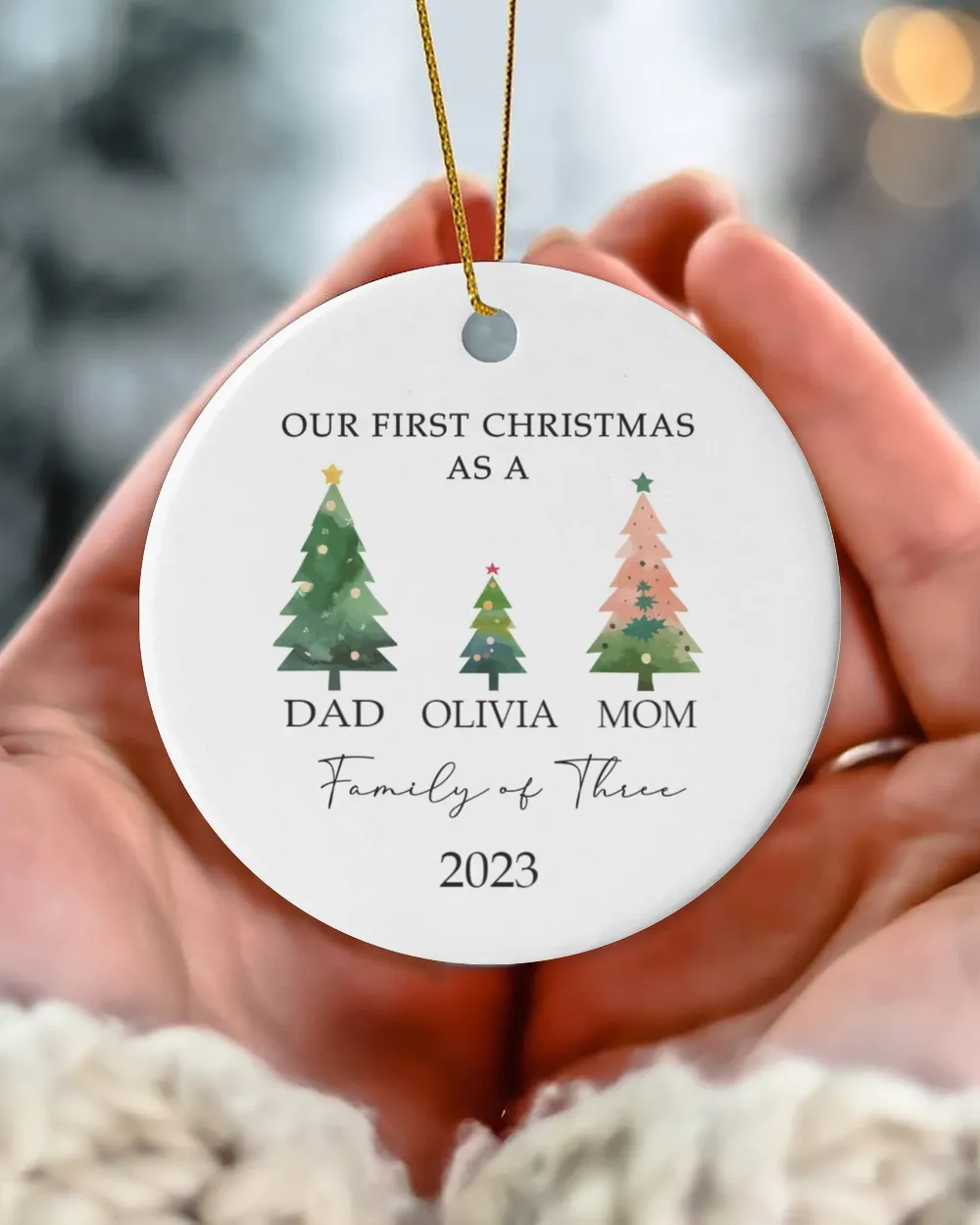 Personalized "Our First Christmas As A Family of Three" Baby's First Christmas Ornament