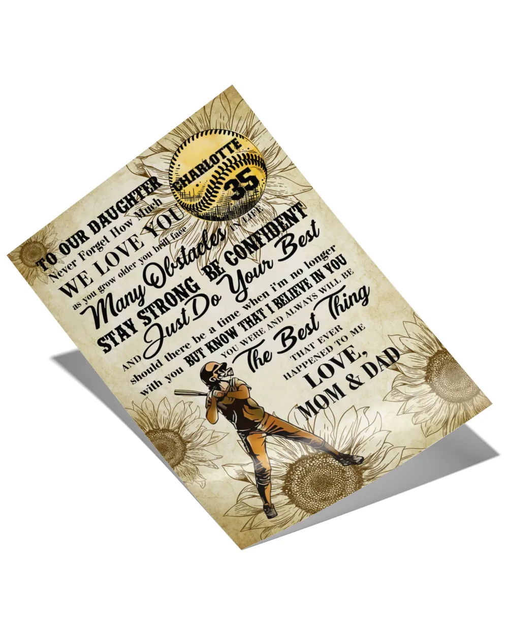 Personalized Softball My Our Daughter Poster/Canvas Lovely Gifts to Daughter from Family Satin Portrait Poster (16x24in) white 16x24in