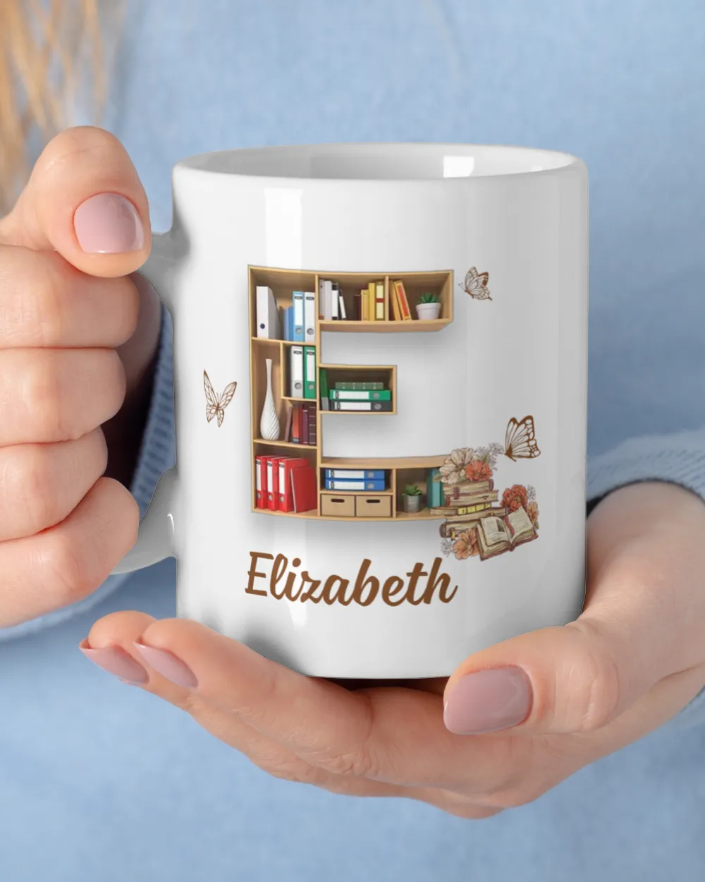 Letter E. Alphabet in the form of shelves with books mugs
