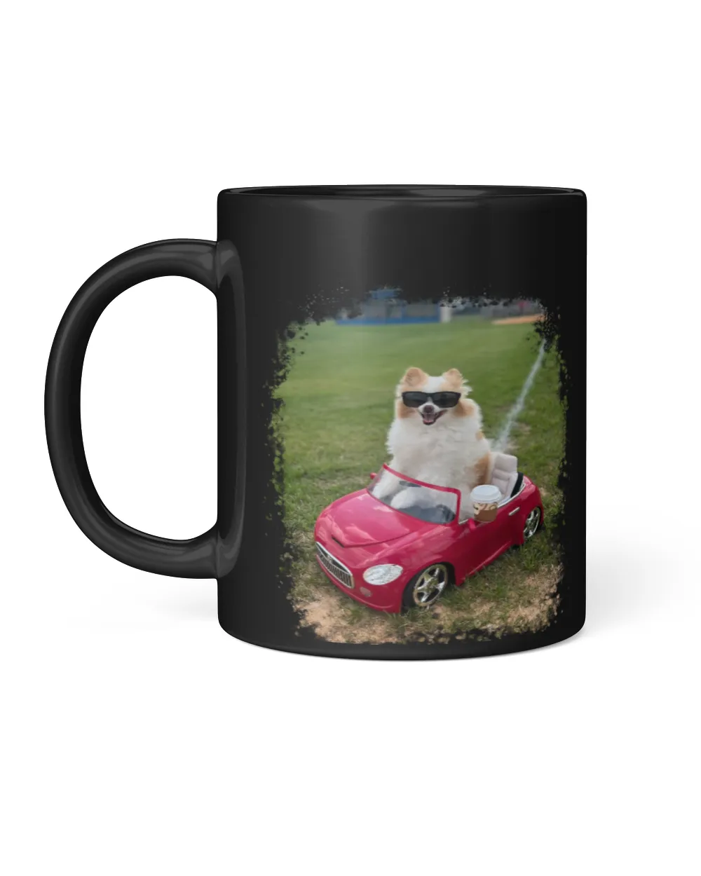 Koda Sits in The Car on the Grass Field Black Mug 11oz black 11oz