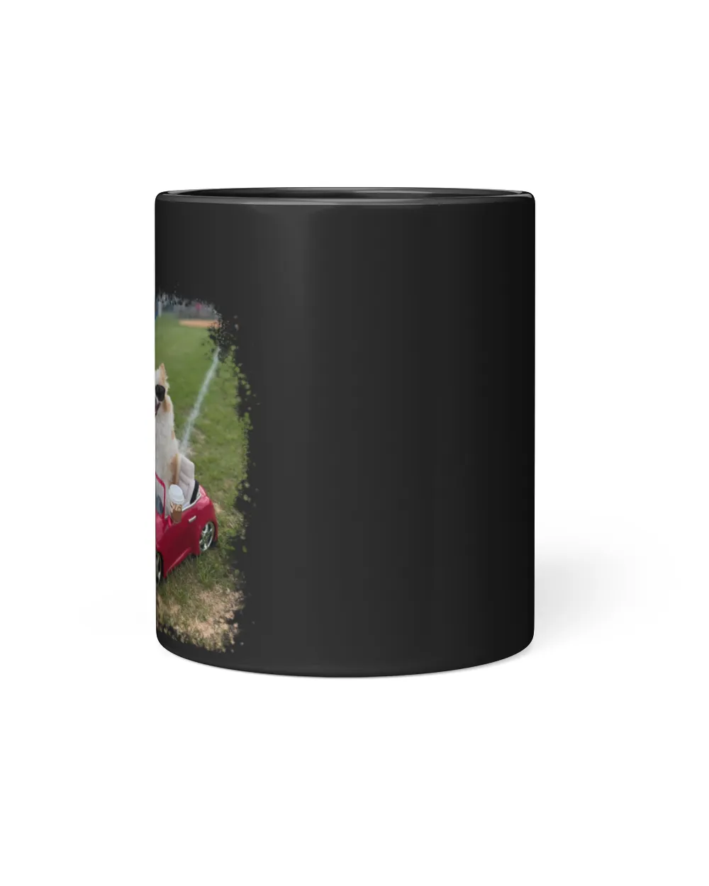 Koda Sits in The Car on the Grass Field Black Mug 11oz black 11oz